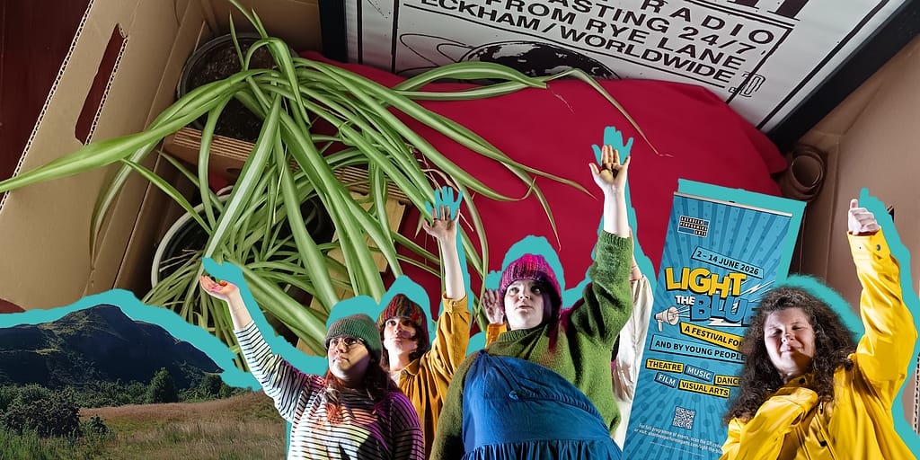 A collage of images on top of one another. One of a moving box with a green plant. Another of a hill covered in green grass. Another of performers with serious expressions waving. Another of a Light the Blue banner. And the last of a performer in a yellow raincoat, signing with their eyes closed.