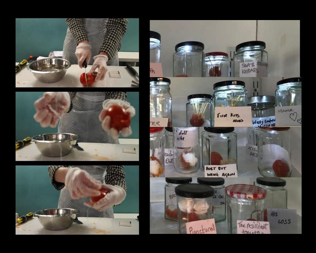 A montage of multiple photographs of clear glass jars with different tomatoes inside each, all with different hand-written labels. Also pictured are two arms as they dissect a tomato with a knife next to a large metal mixing bowl