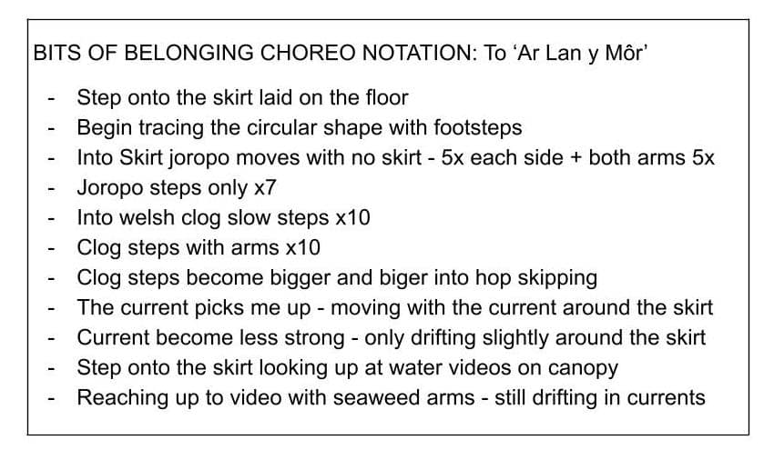 White background with text on it, describing choreography notes taken during the process
